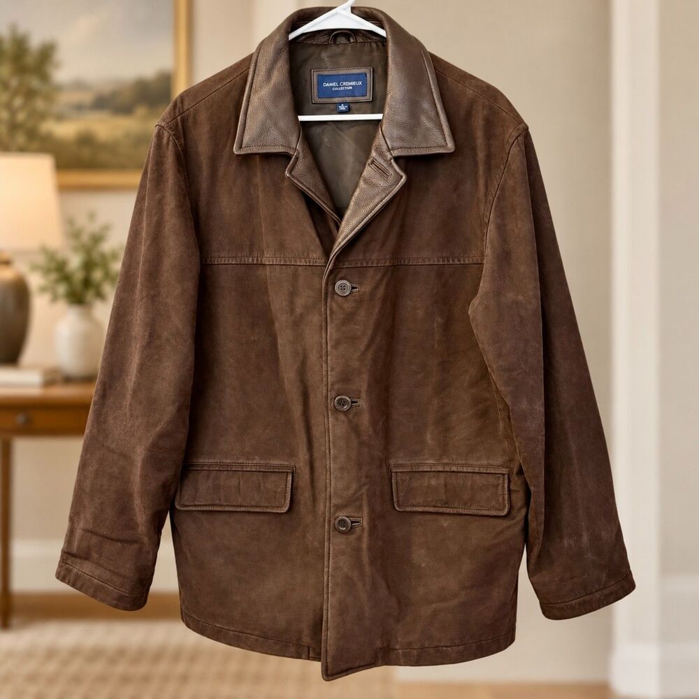Vintage Daniel Cremieux Brown Coat Large Genuine Cowhide Leather Wool Lining Y2K